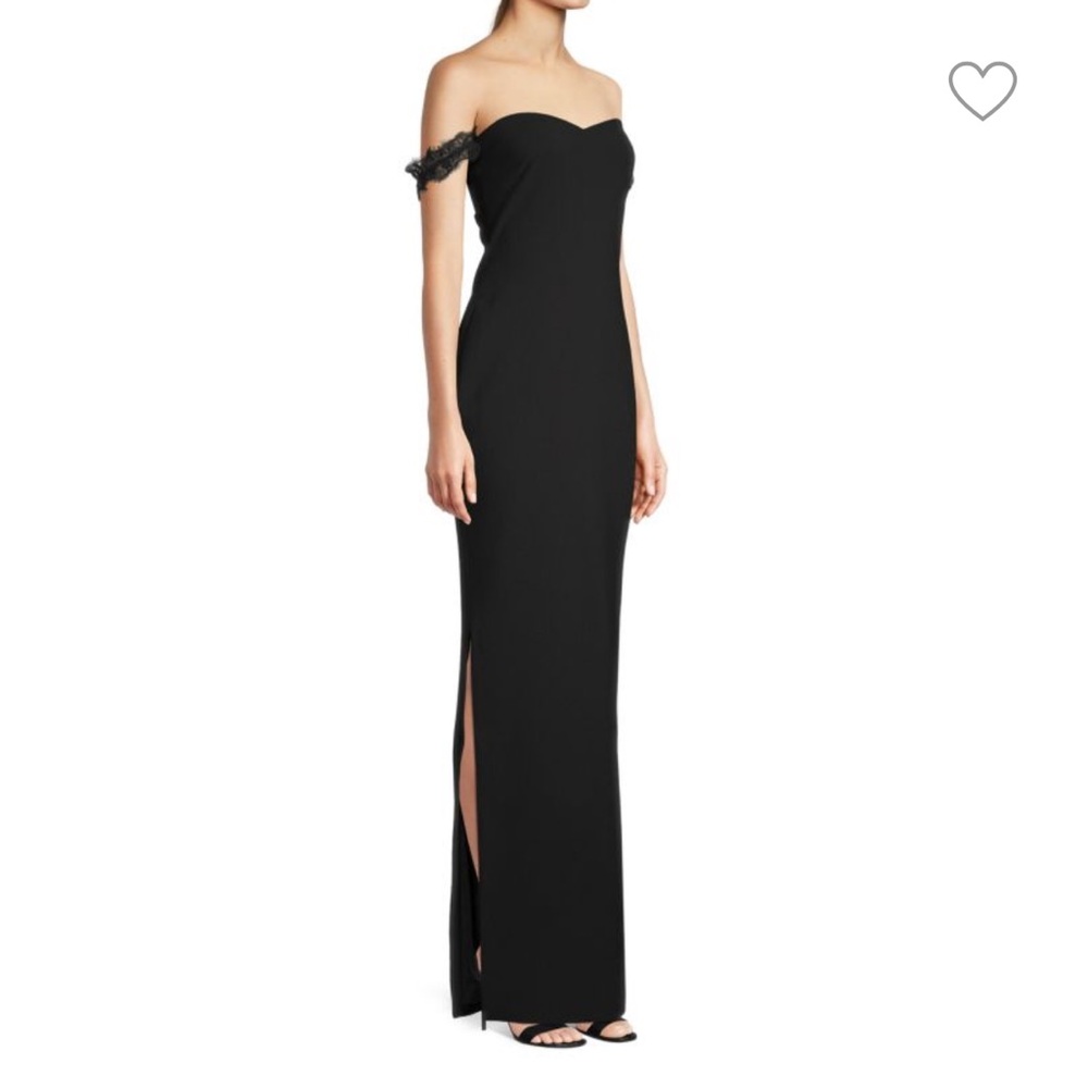 Likely black off the shoulder lace sleeve gown